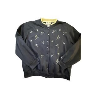 Bonnie Evans 3X Embroidered Cardigan Sweater Navy Blue Floral Shoulder Pads